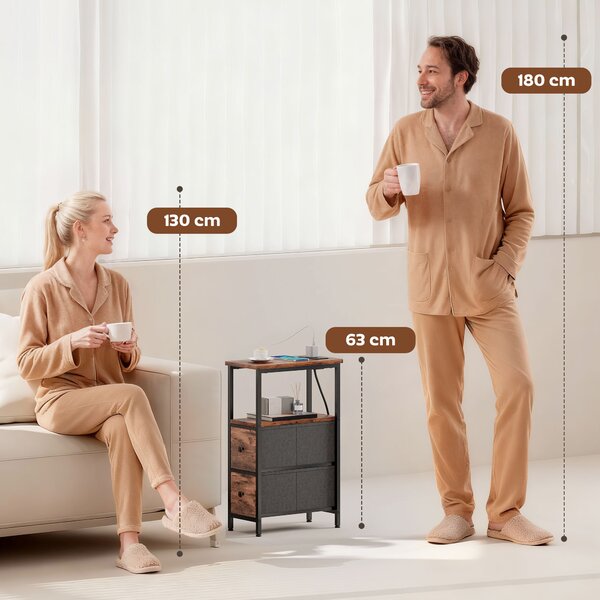 HOMCOM Tavolino da divano con stazione di ricarica, telaio in acciaio, 2 cassetti in tessuto, vano aperto, 20cm x 40cm x 63cm, Rustico-Marrone | Aosom Italy