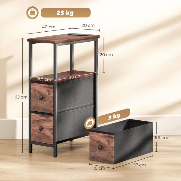 HOMCOM Tavolino da divano con stazione di ricarica, telaio in acciaio, 2 cassetti in tessuto, vano aperto, 20cm x 40cm x 63cm, Rustico-Marrone | Aosom Italy