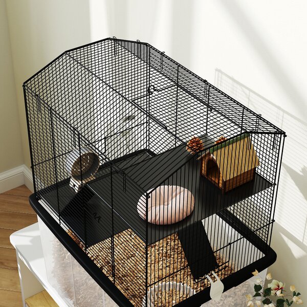 PawHut Gabbia per criceti gabbia per roditori 3 piani con ruote piattaforma e scala in filo d'acciaio 57 x 43 x 74 cm nero | Aosom Italy