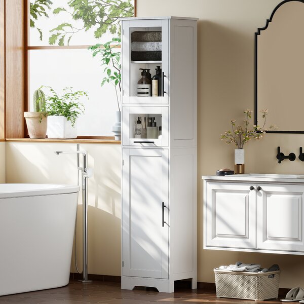 HOMCOM Colonna bagno con porta in vetro ripiani regolabili cassetto per spazi piccoli 40x31x170 cm Bianco | Aosom Italy