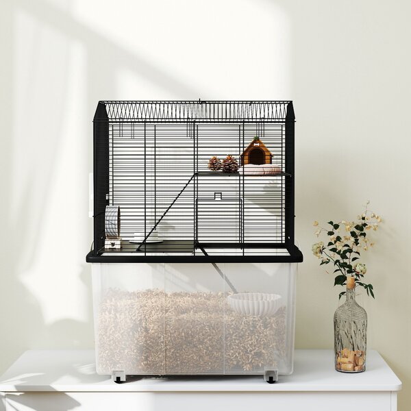 PawHut Gabbia per criceti gabbia per roditori 3 piani con ruote piattaforma e scala in filo d'acciaio 57 x 43 x 74 cm nero | Aosom Italy
