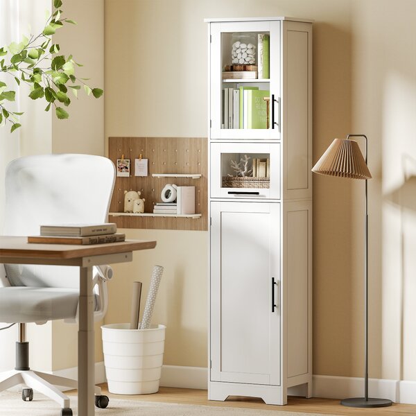 HOMCOM Colonna bagno con porta in vetro ripiani regolabili cassetto per spazi piccoli 40x31x170 cm Bianco | Aosom Italy
