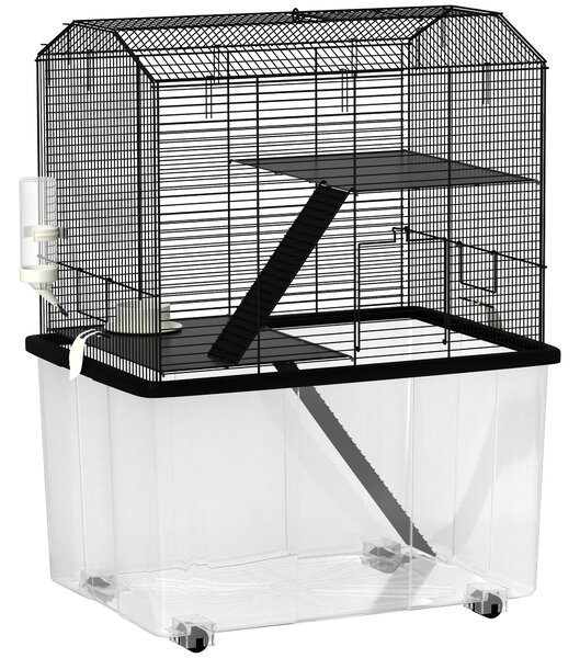 PawHut Gabbia per criceti gabbia per roditori 3 piani con ruote piattaforma e scala in filo d'acciaio 57 x 43 x 74 cm nero | Aosom Italy