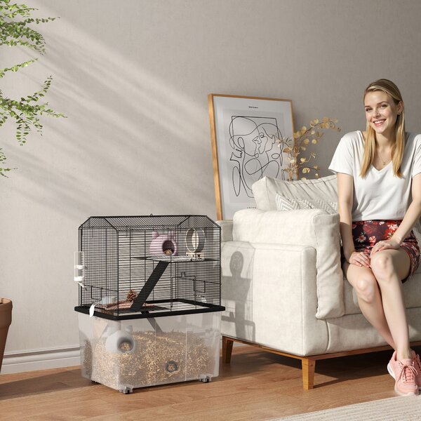 PawHut Gabbia per criceti gabbia per roditori 3 piani con ruote piattaforma e scala in filo d'acciaio 57 x 43 x 74 cm nero | Aosom Italy