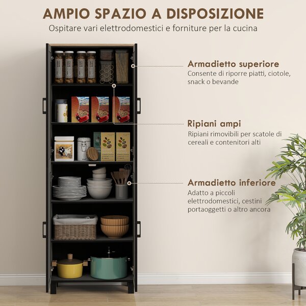 HOMCOM Mobile Dispensa da Cucina in Legno con 5 Ripiani Regolabili e 4 Ante, 60x30x170.5 cm, Nero | Aosom Italy