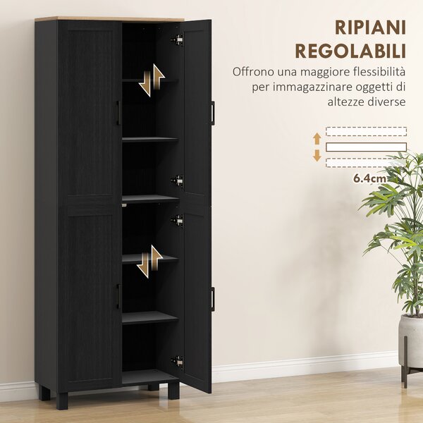 HOMCOM Mobile Dispensa da Cucina in Legno con 5 Ripiani Regolabili e 4 Ante, 60x30x170.5 cm, Nero | Aosom Italy