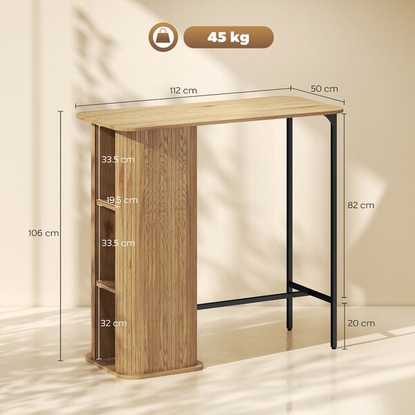 HOMCOM Tavolo Alto per Mangiare in Piedi, Tavolo da Bar con 3 Ripiani Portaoggetti e Gambe in Metallo, 112x50x106cm, Legno Naturale | Aosom Italy