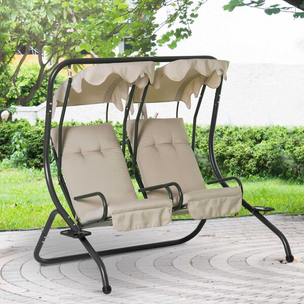 Dondolo da Giardino 2 Posti con Tettuccio Parasole e Vassoio Porta Bevande in Acciaio Beige