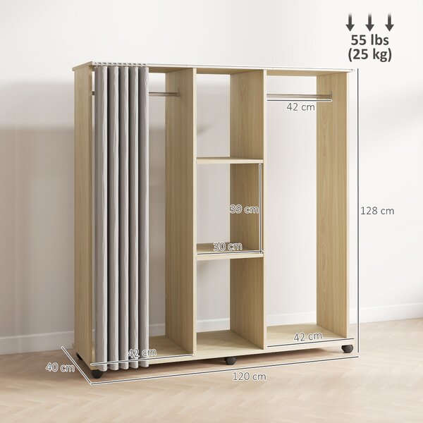 HOMCOM Armadio appendiabiti Mobile contenitore 6 ruote 120L x 40l x 128H cm in legno naturale | Aosom Italy