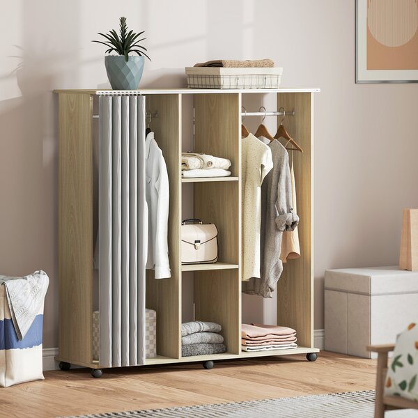 HOMCOM Armadio appendiabiti Mobile contenitore 6 ruote 120L x 40l x 128H cm in legno naturale | Aosom Italy