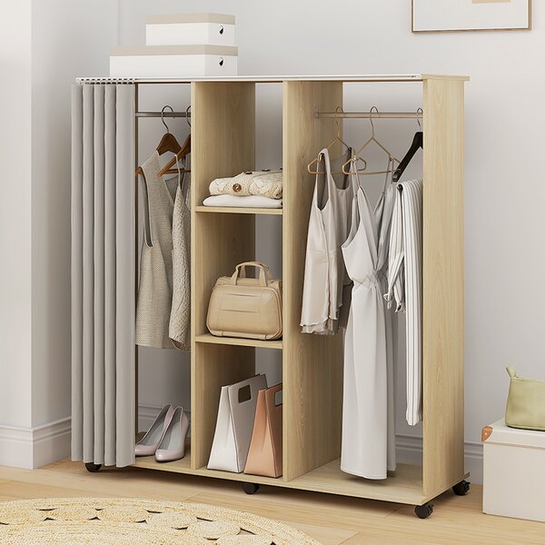 HOMCOM Armadio appendiabiti Mobile contenitore 6 ruote 120L x 40l x 128H cm in legno naturale | Aosom Italy