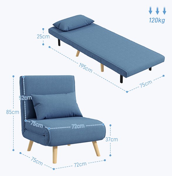 HOMCOM Poltrona convertibile 3 in 1 poltrona-letto 1 posto schienale 5 posizioni in tessuto con cuscino, blu | Aosom Italy