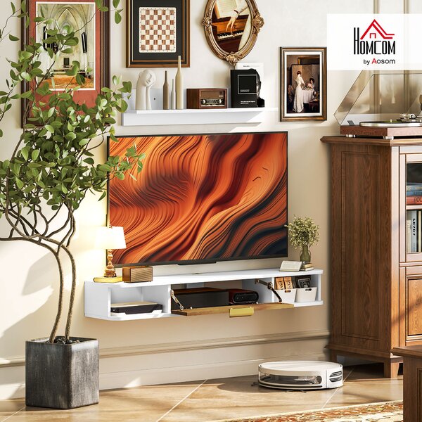 HOMCOM Set mobile TV sospeso con mensola da parete mobile televisore in legno passacavi 120 x 24 x 16 cm bianco | Aosom Italy