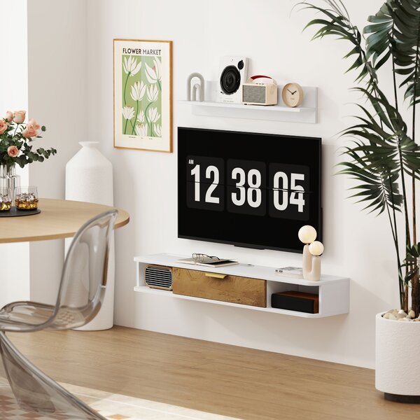 HOMCOM Set mobile TV sospeso con mensola da parete mobile televisore in legno passacavi 120 x 24 x 16 cm bianco | Aosom Italy