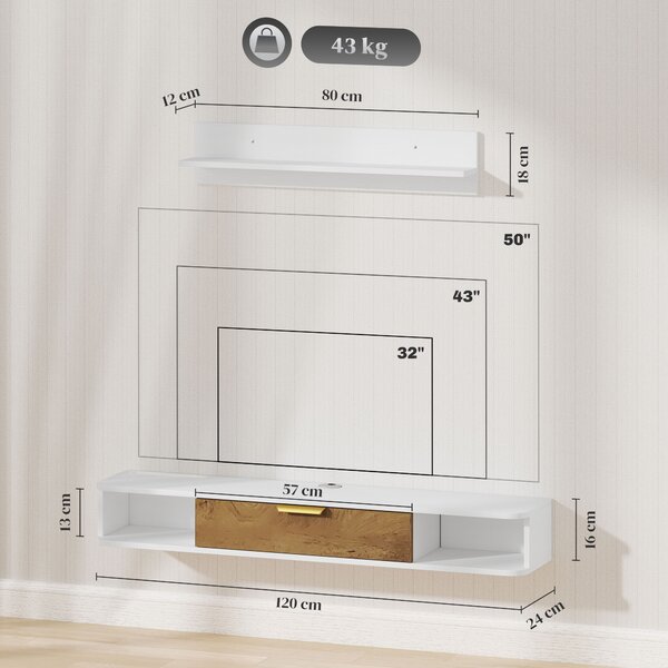 HOMCOM Set mobile TV sospeso con mensola da parete mobile televisore in legno passacavi 120 x 24 x 16 cm bianco | Aosom Italy
