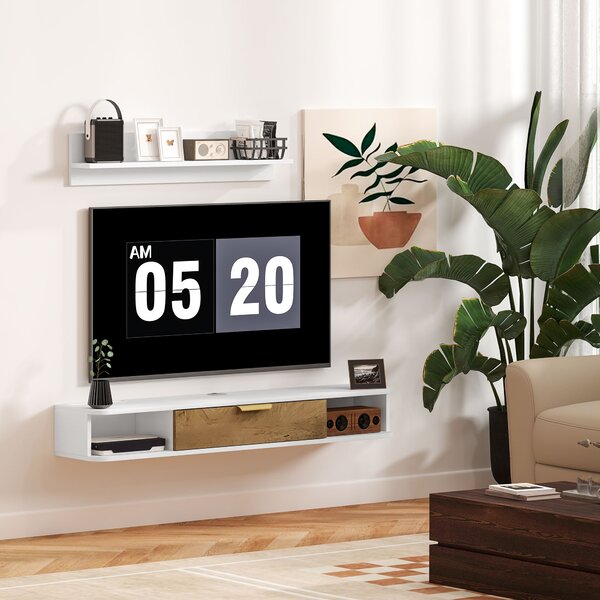 HOMCOM Set mobile TV sospeso con mensola da parete mobile televisore in legno passacavi 120 x 24 x 16 cm bianco | Aosom Italy