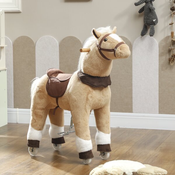 AIYAPLAY Cavallo da cavalcare per bambini, rivestimento in tessuto, telaio stabile, ruote morbide, cavallo a dondolo, 3-5 anni, Marrone | Aosom Italy