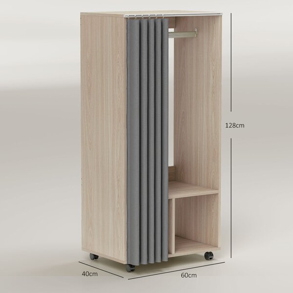 HOMCOM Armadio appendiabiti armadio contenitore mobile con tenda, barra appendiabiti, 60 x 40 x 128 cm, effetto legno naturale | Aosom Italy
