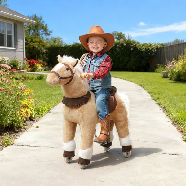 AIYAPLAY Cavallo da cavalcare per bambini, rivestimento in tessuto, telaio stabile, ruote morbide, cavallo a dondolo, 3-5 anni, Marrone | Aosom Italy