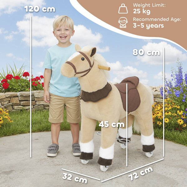AIYAPLAY Cavallo da cavalcare per bambini, rivestimento in tessuto, telaio stabile, ruote morbide, cavallo a dondolo, 3-5 anni, Marrone | Aosom Italy