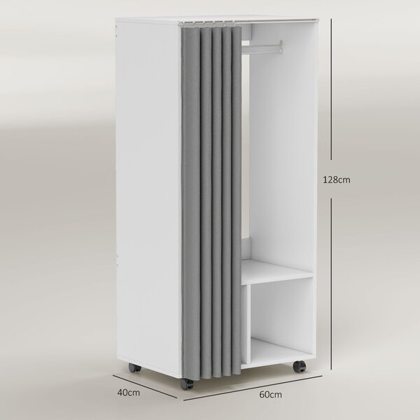 HOMCOM Armadio appendiabiti armadio contenitore mobile con tenda, asta di sospensione, 60 x 40 x 128 cm, bianco | Aosom Italy