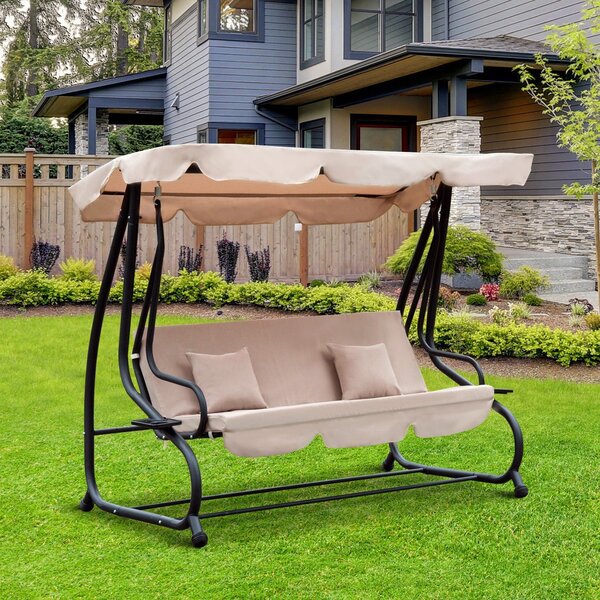 Dondolo 3 Posti da Giardino con Schienale Reclinabile per Funzione Letto Beige