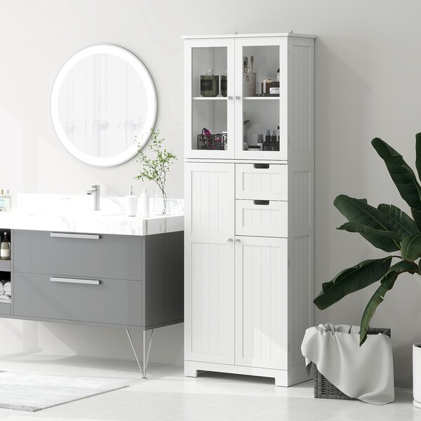 HOMCOM Mobile alto contenitore, armadio con ante vetrate e ripiani regolabili per bagno, cucina, salotto, bianco | Aosom Italy