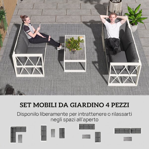Outsunny Salotto da Giardino Angolare con Poltrona Reclinabile, 2 Divanetti con Cuscini e Tavolino, Grigio
