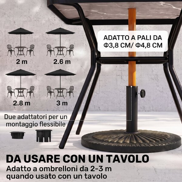 Outsunny Base Ombrellone Rotonda per Pali da Ø3,8-4,8cm con Decorazione e Manopola, Peso 15kg Ø49x32cm|Aosom