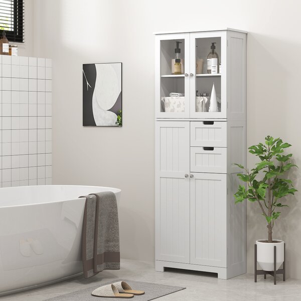 HOMCOM Mobile alto contenitore, armadio con ante vetrate e ripiani regolabili per bagno, cucina, salotto, bianco | Aosom Italy