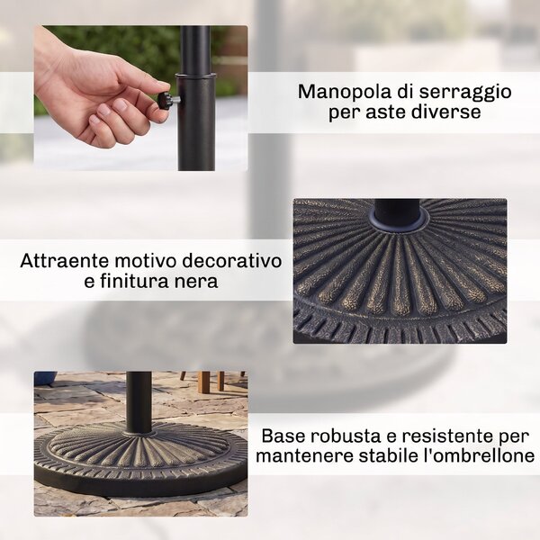 Outsunny Base Ombrellone Rotonda per Pali da Ø3,8-4,8cm con Decorazione e Manopola, Peso 15kg Ø49x32cm|Aosom