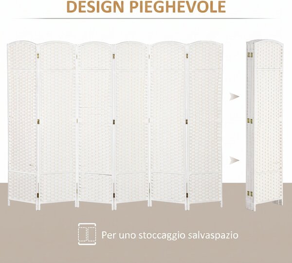 HOMCOM Paravento Divisorio da Interni Pieghevole a 6 Ante Intrecciato, 240x170 cm, Bianco | Aosom Italy