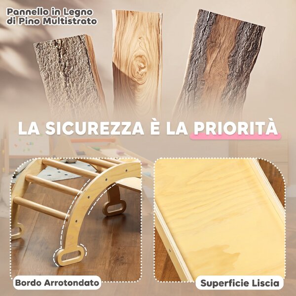 AIYAPLAY Gioco Arrampicata Bambini con Triangolo e Arco Montessori e Rampa con Pietre, 178x64.5x63 cm, Color Legno | Aosom Italy