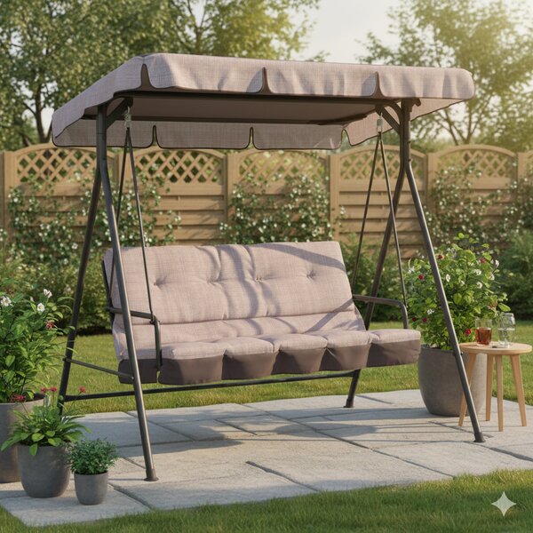 Dondolo 3 Posti da Giardino 160x118x160 cm in Ferro e Poliestere Pemba Beige