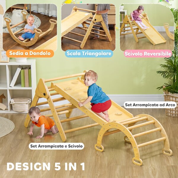 AIYAPLAY Gioco Arrampicata Bambini con Triangolo e Arco Montessori e Rampa con Pietre, 178x64.5x63 cm, Color Legno | Aosom Italy