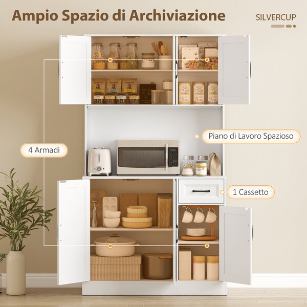 HOMCOM Armadio cucina con piano di lavoro, foro per cavi e ripiani regolabili, in MDF, 180,5 cm, Bianco | Aosom Italy