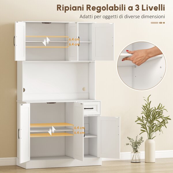 HOMCOM Armadio cucina con piano di lavoro, foro per cavi e ripiani regolabili, in MDF, 180,5 cm, Bianco | Aosom Italy