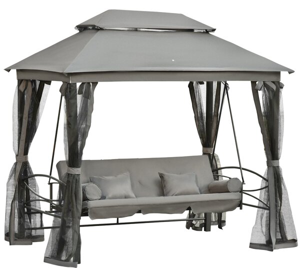 Dondolo Letto 3 Posti con Gazebo da Giardino 256x172x248 cm con Zanzariera e Cuscini Grigio