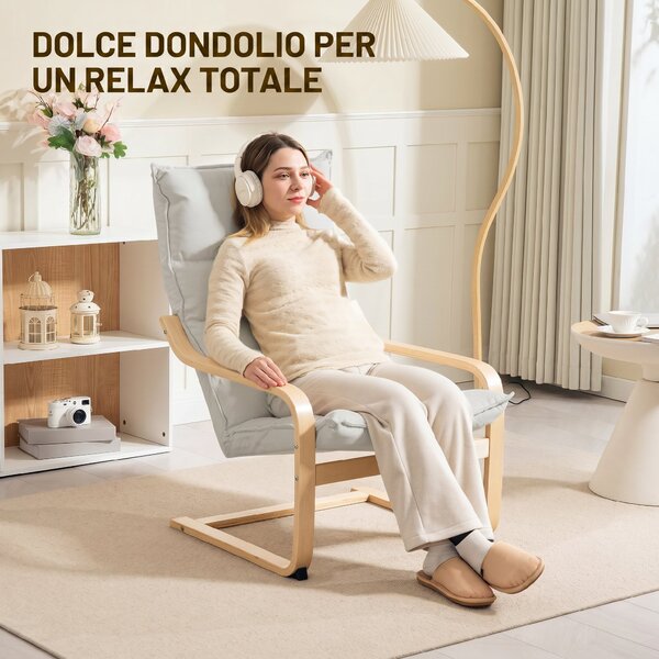 HOMCOM Poltrona a Dondolo Moderna con Braccioli in Legno e Cuscini Spessi in Velluto, 67x83x105 cm, Crema | Aosom Italy