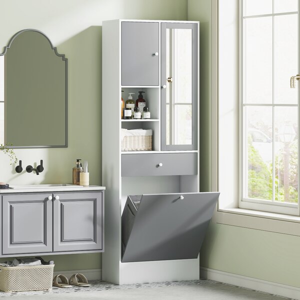 HOMCOM Armadio da bagno con cestino per il bucato e porta specchiata ripiano regolabile 62 x 28,3 x 181 cm grigio e bianco | Aosom Italy