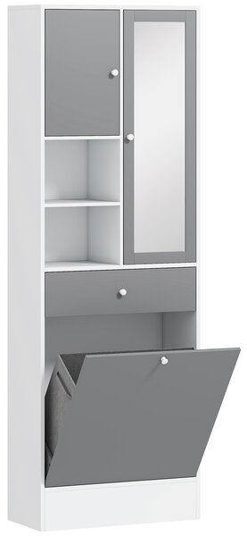 HOMCOM Armadio da bagno con cestino per il bucato e porta specchiata ripiano regolabile 62 x 28,3 x 181 cm grigio e bianco | Aosom Italy