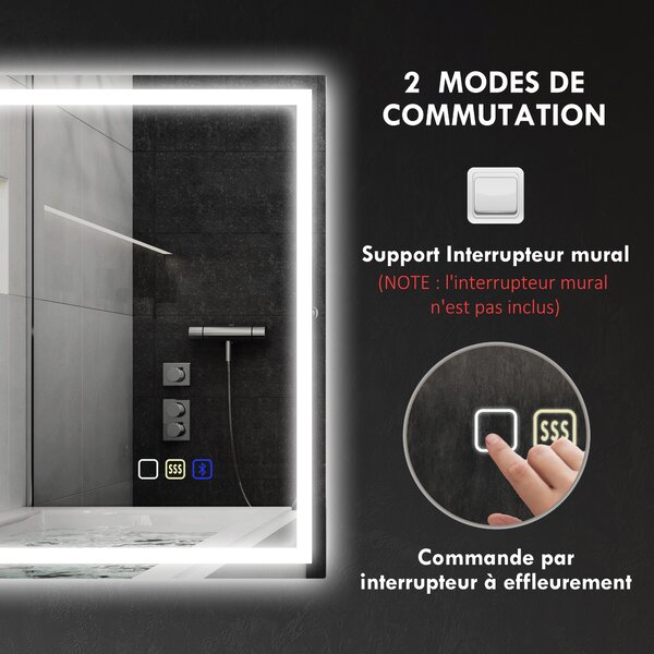 HOMCOM Specchio da bagno LED Bluetooth 80 x 100 cm interruttore touch illuminazione regolabile 3 colori anti-appannamento memoria Argento | Aosom Italy