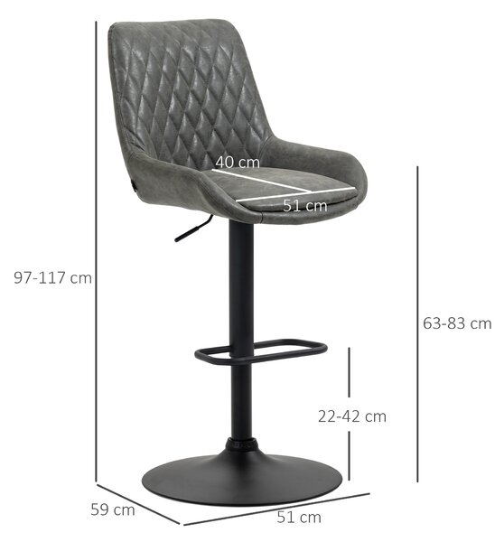 HOMCOM Sgabello da bar Sgabello da cucina Sgabello di design, regolabile in altezza, con poggiapiedi, 51 cm x 59 cm x 117 cm, Grigio scuro + Nero | Aosom Italy
