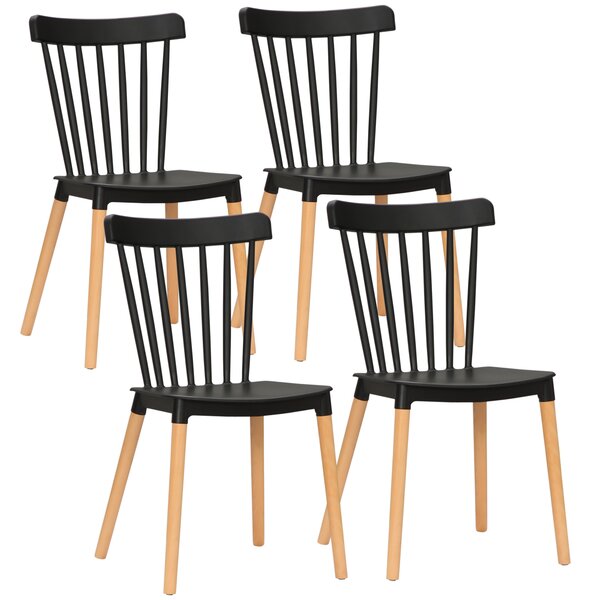 HOMCOM Set di 4 sedie nordiche, schienale alto, sedute in polipropilene, gambe in legno di faggio, 48 x 52,5 x 83 cm, Nero | Aosom Italy