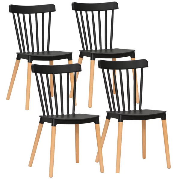 HOMCOM Set di 4 sedie nordiche, schienale alto, sedute in polipropilene, gambe in legno di faggio, 48 x 52,5 x 83 cm, Nero | Aosom Italy