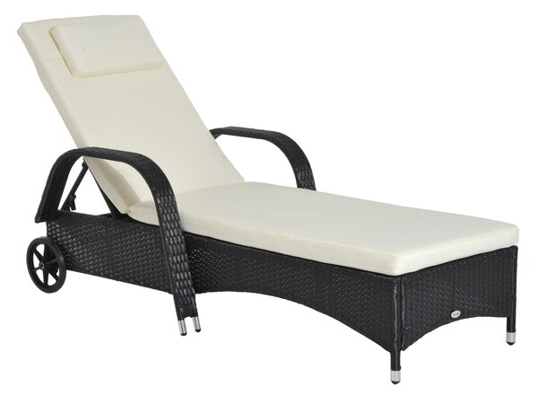 Lettino da Giardino Reclinabile in Rattan Sintetico con Materassino Imbottito e Ruote Nero