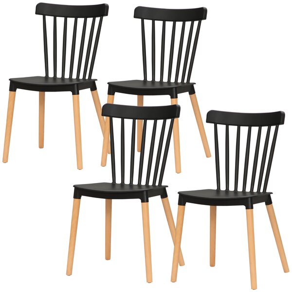 HOMCOM Set di 4 sedie nordiche, schienale alto, sedute in polipropilene, gambe in legno di faggio, 48 x 52,5 x 83 cm, Nero | Aosom Italy