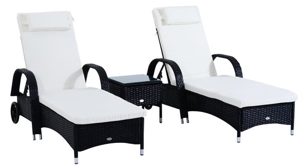 Set 2 Lettini Prendisole da Giardino in Rattan Sintetico con Materassino Imbottito e Tavolino Nero