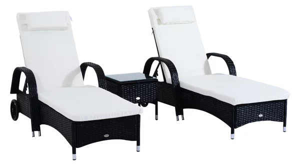 Set 2 Lettini Prendisole da Giardino in Rattan Sintetico con Materassino Imbottito e Tavolino Nero