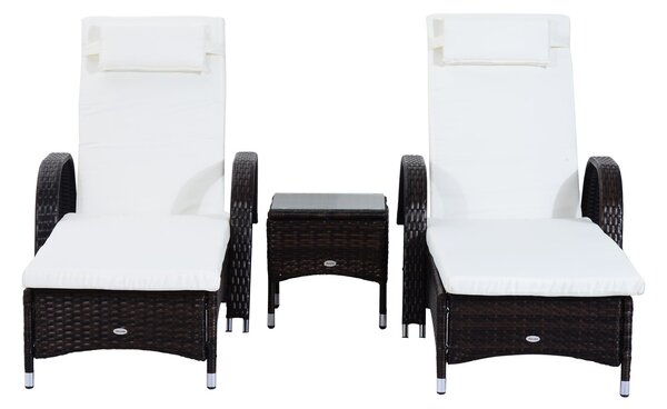 Set 2 Lettini Prendisole da Giardino in Rattan Sintetico Reclinabili Imbottiti con Rotelle e Tavolino Marrone